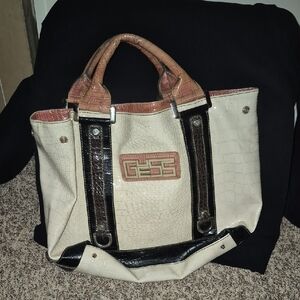 Guess Cream and Brown Croc-Embossed Tote
